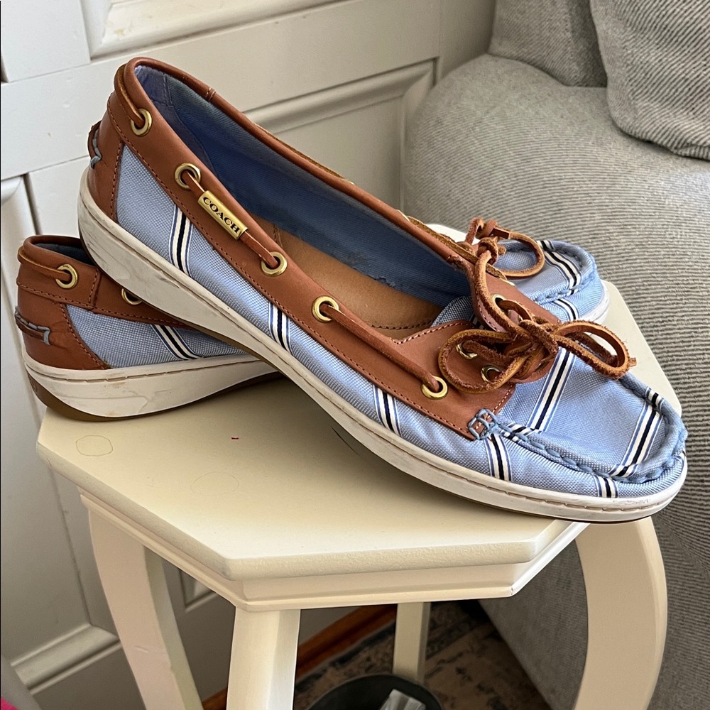 Coach Women’s Size 10 Blue Striped Canvas & Brown Leather Boat Shoes